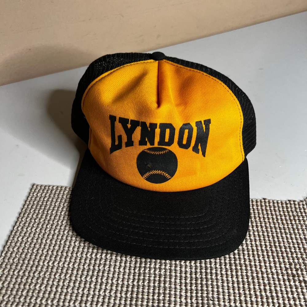 Vintage 80s New Era Lyndon Baseball Trucker Hat Snapback Yellow Black USA Made